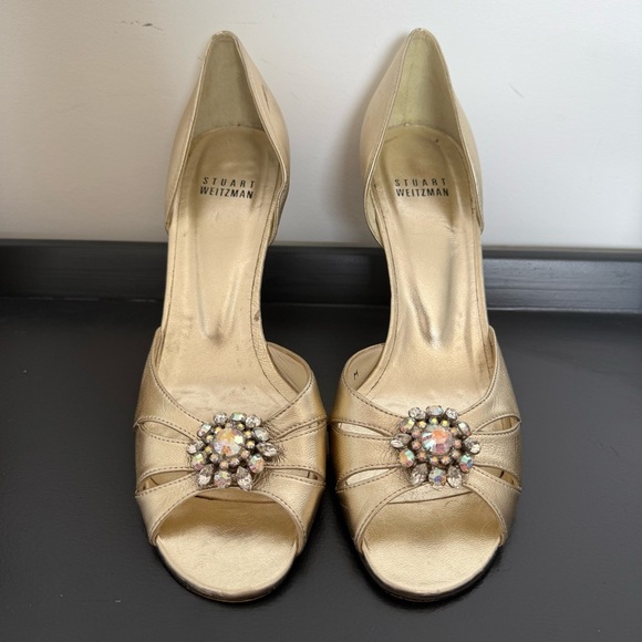 Stuart Weitzman metallic gold peep-toe crystal jewel heels - size 6.5 - Picture 5 of 8
